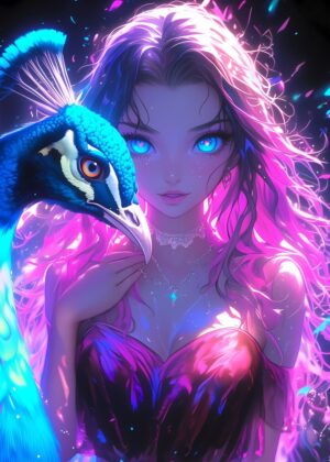 Peacock Glow: Anime Girl Art Print - Premium Wooden Framed Poster. Ready to Hang.