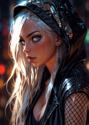Cyberpunk Muse: Digital Art Print - Premium Wooden Framed Poster. Ready to Hang.