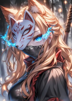 Mystical Fox Mask Ninja: Anime Art Print - Premium Wooden Framed Poster. Ready to Hang.