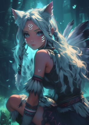 Mystical Forest Spirit: Anime Girl Art Print - Premium Wooden Framed Poster. Ready to Hang.