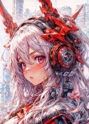 Anime Cyborg Girl: Futuristic Cyberpunk Art Print - Premium Wooden Framed Poster. Ready to Hang.