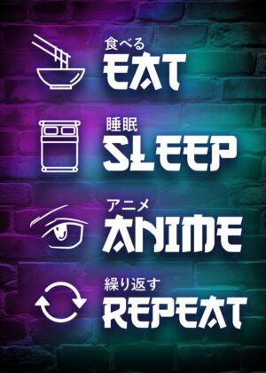 Eat Sleep Anime Repeat Neon Brick Wall Art - Premium Wooden Framed Poster. Ready to Hang.