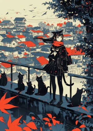 Autumn in the City: A Whimsical Anime Art Print - Premium Wooden Framed Poster. Ready to Hang.