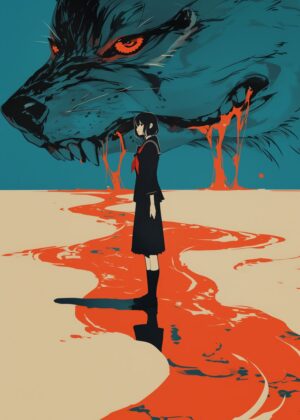 Girl Facing a Wolf's Shadow: A Surreal Art Print - Premium Wooden Framed Poster. Ready to Hang.