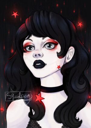Red Stars Alt Girl Art Print - Premium Wooden Framed Poster. Ready to Hang.