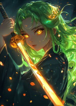 Neon Samurai Anime Girl Art Print - Premium Wooden Framed Poster. Ready to Hang.