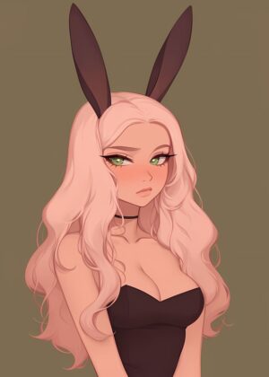 Pink Hair Bunny Girl Art Print - Premium Wooden Framed Poster. Ready to Hang.