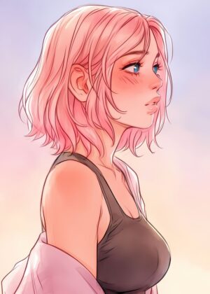 Stunning Anime Girl with Blue Eyes and Pink Hair - Premium Wooden Framed Poster. Ready to Hang.