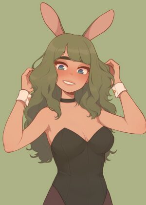Green Hair Bunny Girl Art Print - Premium Wooden Framed Poster. Ready to Hang.
