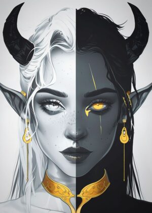 Dual Nature: A Dark Fantasy Demon Girl Artwork - Premium Wooden Framed Poster. Ready to Hang.