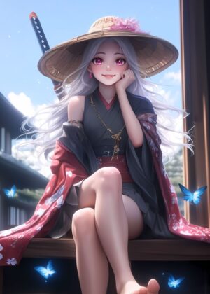 Samurai Girl with Butterflies: Anime Art Print - Premium Wooden Framed Poster. Ready to Hang.