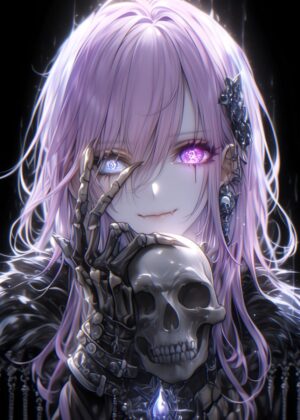 Skull Whisperer: Anime Girl with Glowing Eyes and Skeletal Hand - Premium Wooden Framed Poster. Ready to Hang.