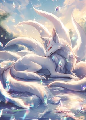 Luminous Kitsune: A Mystical Fantasy Art Print - Premium Wooden Framed Poster. Ready to Hang.