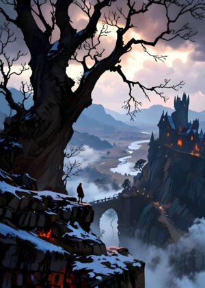 AOT Village: Fantasy Castle Landscape Art Print - Premium Wooden Framed Poster. Ready to Hang.