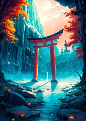 Tranquil Torii Gates: A Journey into Anime Japan - Premium Wooden Framed Poster. Ready to Hang.