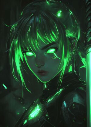 Cyberpunk Samurai Girl: Neon Green Digital Art Print - Premium Wooden Framed Poster. Ready to Hang.