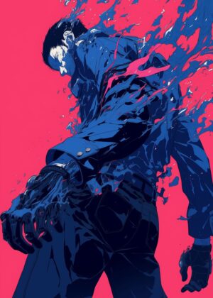Abstract Cyberpunk Art Print: Blue and Pink Splashes - Premium Wooden Framed Poster. Ready to Hang.