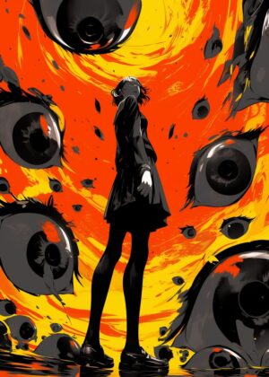 Surreal Girl Amidst a Vortex of Eyes - Premium Wooden Framed Poster. Ready to Hang.