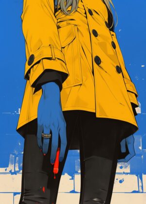 Abnormal Core: A Striking Artwork Featuring a Yellow Coat - Premium Wooden Framed Poster. Ready to Hang.