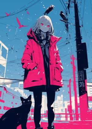 Cyberpunk Anime Girl: Urban Escape - Premium Wooden Framed Poster. Ready to Hang.