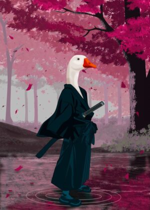 Goose Samurai: A Digital Painting of a Stoic Warrior - Premium Wooden Framed Poster. Ready to Hang.