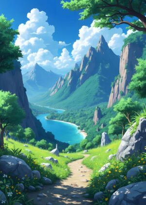 Anime Nature Landscape: Serene Mountain Valley - Premium Wooden Framed Poster. Ready to Hang.