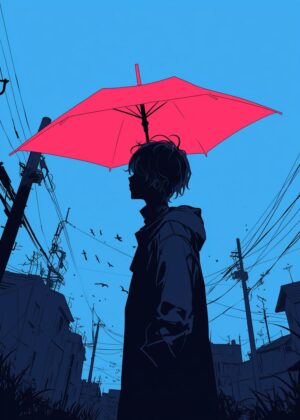 Urban Melancholy: A Silhouette Under a Pink Umbrella - Premium Wooden Framed Poster. Ready to Hang.