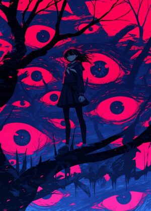 Abnormal Core: A Digital Art Print of a Girl Amidst a Sea of Eyes - Premium Wooden Framed Poster. Ready to Hang.