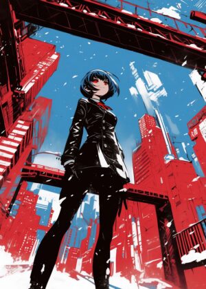 Urban Cyberpunk Anime Girl Artwork Print - Premium Wooden Framed Poster. Ready to Hang.