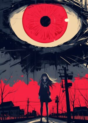 Crimson Gaze: Anime Art Print - Premium Wooden Framed Poster. Ready to Hang.