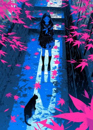 Midnight Stroll: Anime Girl in Autumn - Premium Wooden Framed Poster. Ready to Hang.