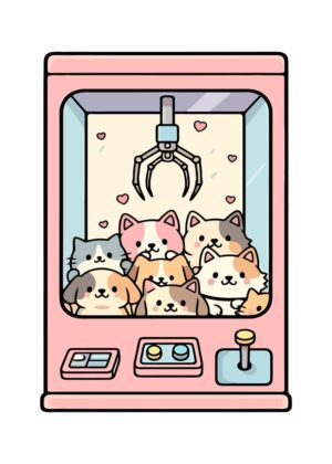Adorable Kawaii Cat Claw Machine Art Print - Premium Wooden Framed Poster. Ready to Hang.