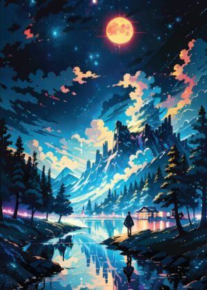 Enchanted Anime Landscape: Nightfall Serenity - Premium Wooden Framed Poster. Ready to Hang.