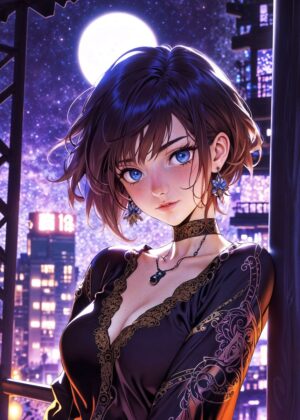 Midnight Serenade: Anime Girl Artwork - Premium Wooden Framed Poster. Ready to Hang.