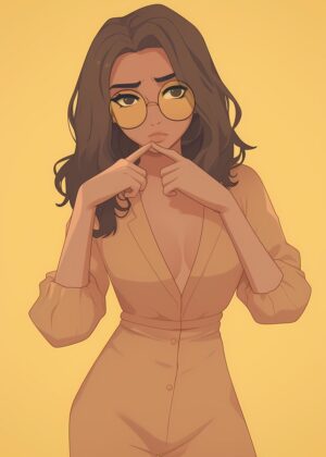 Brown Hair Anime Girl in Mustard Yellow Jumpsuit - Premium Wooden Framed Poster. Ready to Hang.