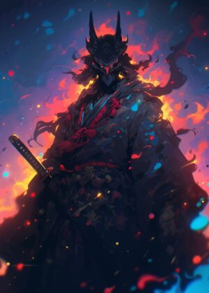 Demon Blade Master: Fiery Digital Artwork - Premium Wooden Framed Poster. Ready to Hang.