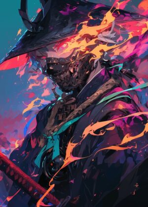 Phantom Ronin Inferno: Digital Art Print - Premium Wooden Framed Poster. Ready to Hang.