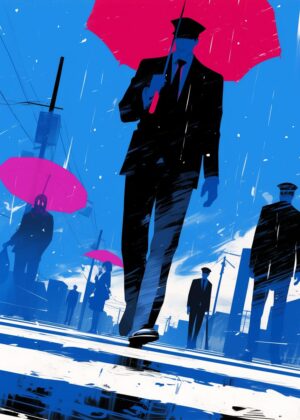 Urban Rain: A Cityscape of Shadows and Silhouettes - Premium Wooden Framed Poster. Ready to Hang.