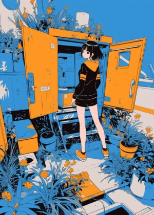 Abnormal Core: Anime Girl in a Vibrant Urban Oasis - Premium Wooden Framed Poster. Ready to Hang.
