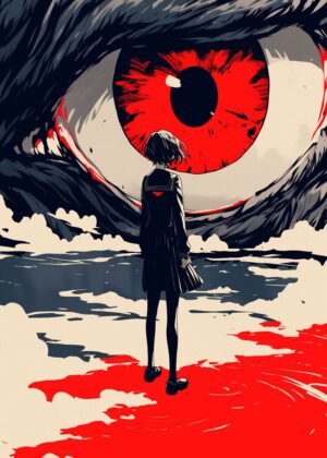 Giant Eye and Schoolgirl: A Dark Fantasy Illustration - Premium Wooden Framed Poster. Ready to Hang.