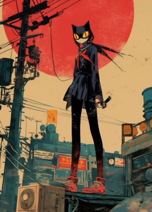 Midnight City Catgirl: Urban Fantasy Art Print - Premium Wooden Framed Poster. Ready to Hang.