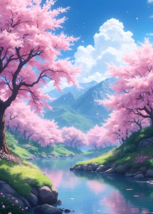 Anime Japan Cherry Blossom Spring Landscape - Premium Wooden Framed Poster. Ready to Hang.
