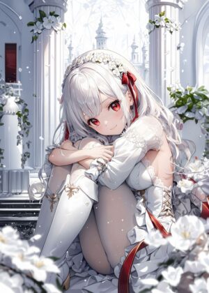 Innocent Anime Girl: White Dress and Red Ribbon - Premium Wooden Framed Poster. Ready to Hang.