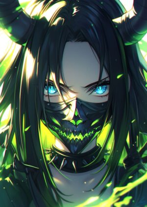 Neon Oni Girl: Anime Art Print - Premium Wooden Framed Poster. Ready to Hang.