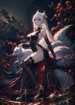 Mystic Fox Enchantress: Anime Art Print - Premium Wooden Framed Poster. Ready to Hang.