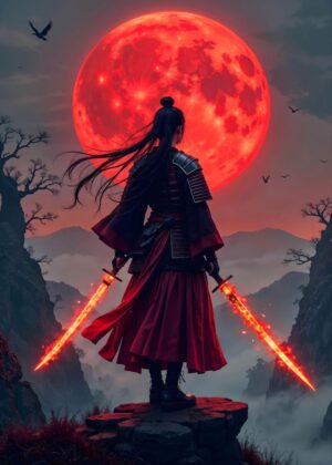 Fiery Samurai Woman: Anime Art Print - Premium Wooden Framed Poster. Ready to Hang.