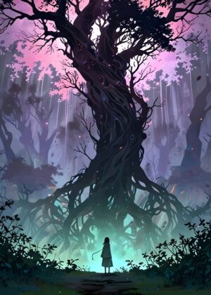Anime Girl in Enchanting Forest: Mystical Tree Wallpaper Art - Premium Wooden Framed Poster. Ready to Hang.