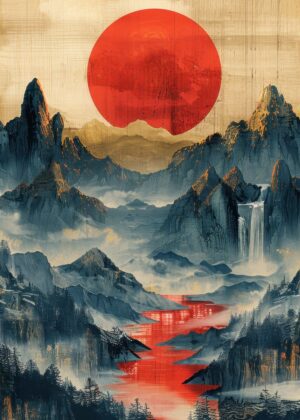 Red Sun Mountain Landscape: A Breathtaking Artistic Print - Premium Wooden Framed Poster. Ready to Hang.