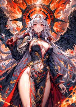 Dark Angel with Fiery Wings - Premium Wooden Framed Poster. Ready to Hang.