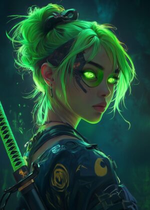 Green-Eyed Warrior: Digital Art Print - Premium Wooden Framed Poster. Ready to Hang.